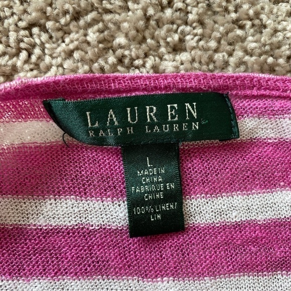 Lauren Ralph Lauren 100% Linen Top Shirt Womens L Pink White Striped 3/4 Sleeve - Picture 5 of 8